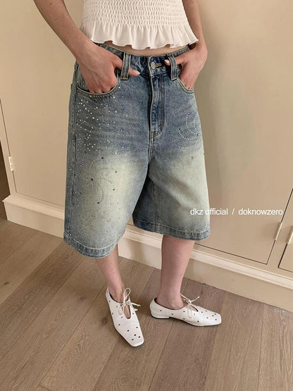 DKZ OFFICIAL Blue Washed Distressed Denim Wide Leg Mid Length Shorts