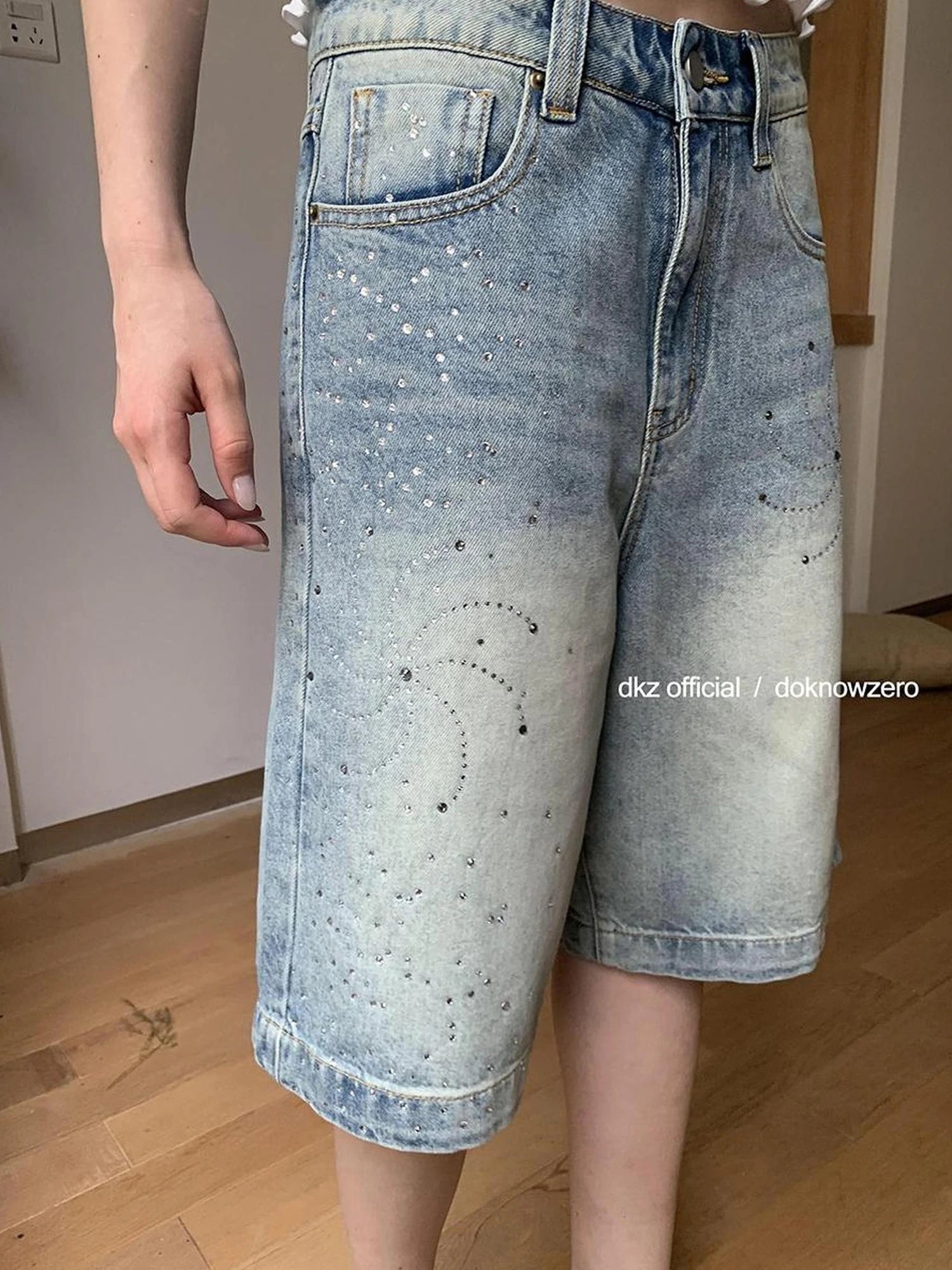 DKZ OFFICIAL Blue Washed Distressed Denim Wide Leg Mid Length Shorts