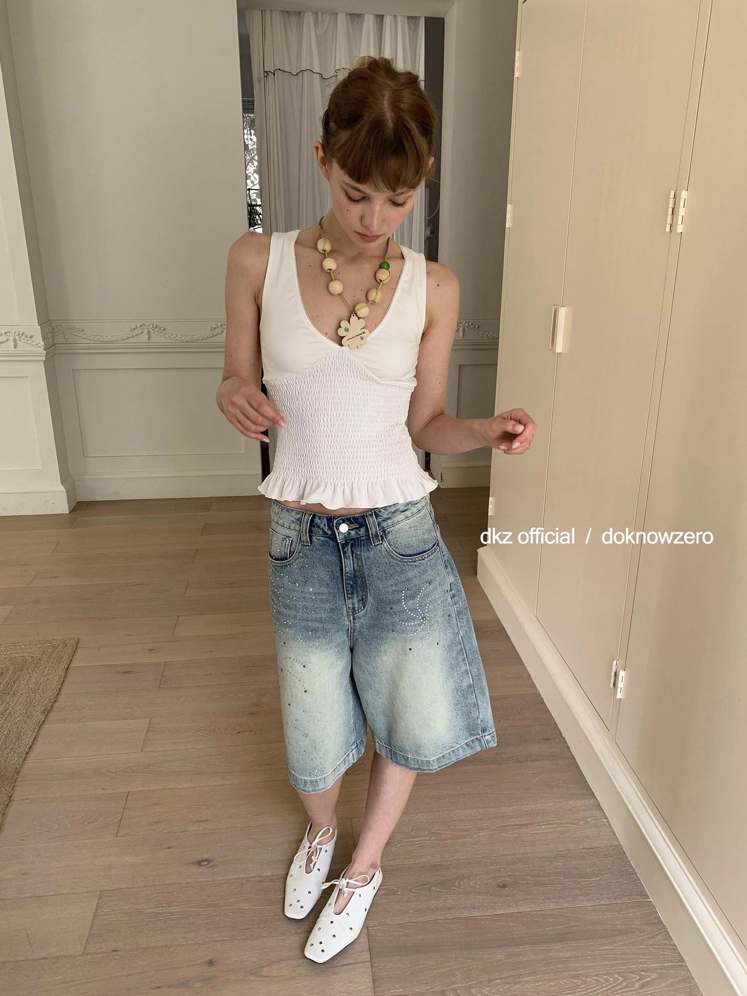 DKZ OFFICIAL Blue Washed Distressed Denim Wide Leg Mid Length Shorts