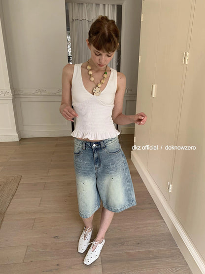 DKZ OFFICIAL Blue Washed Distressed Denim Wide Leg Mid Length Shorts