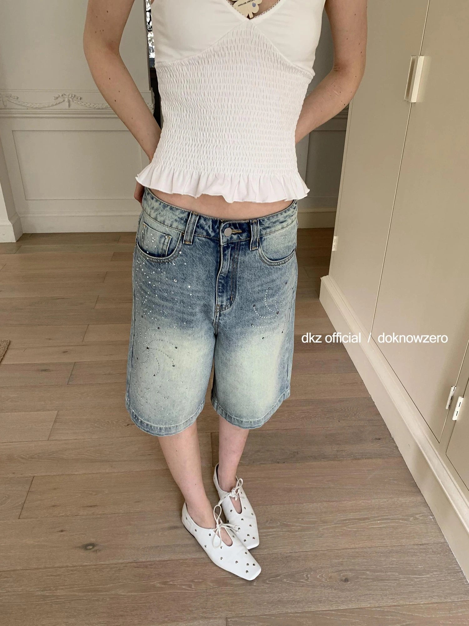 DKZ OFFICIAL Blue Washed Distressed Denim Wide Leg Mid Length Shorts