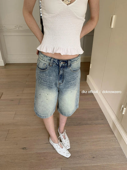 DKZ OFFICIAL Blue Washed Distressed Denim Wide Leg Mid Length Shorts