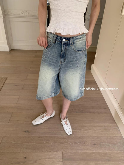 DKZ OFFICIAL Blue Washed Distressed Denim Wide Leg Mid Length Shorts