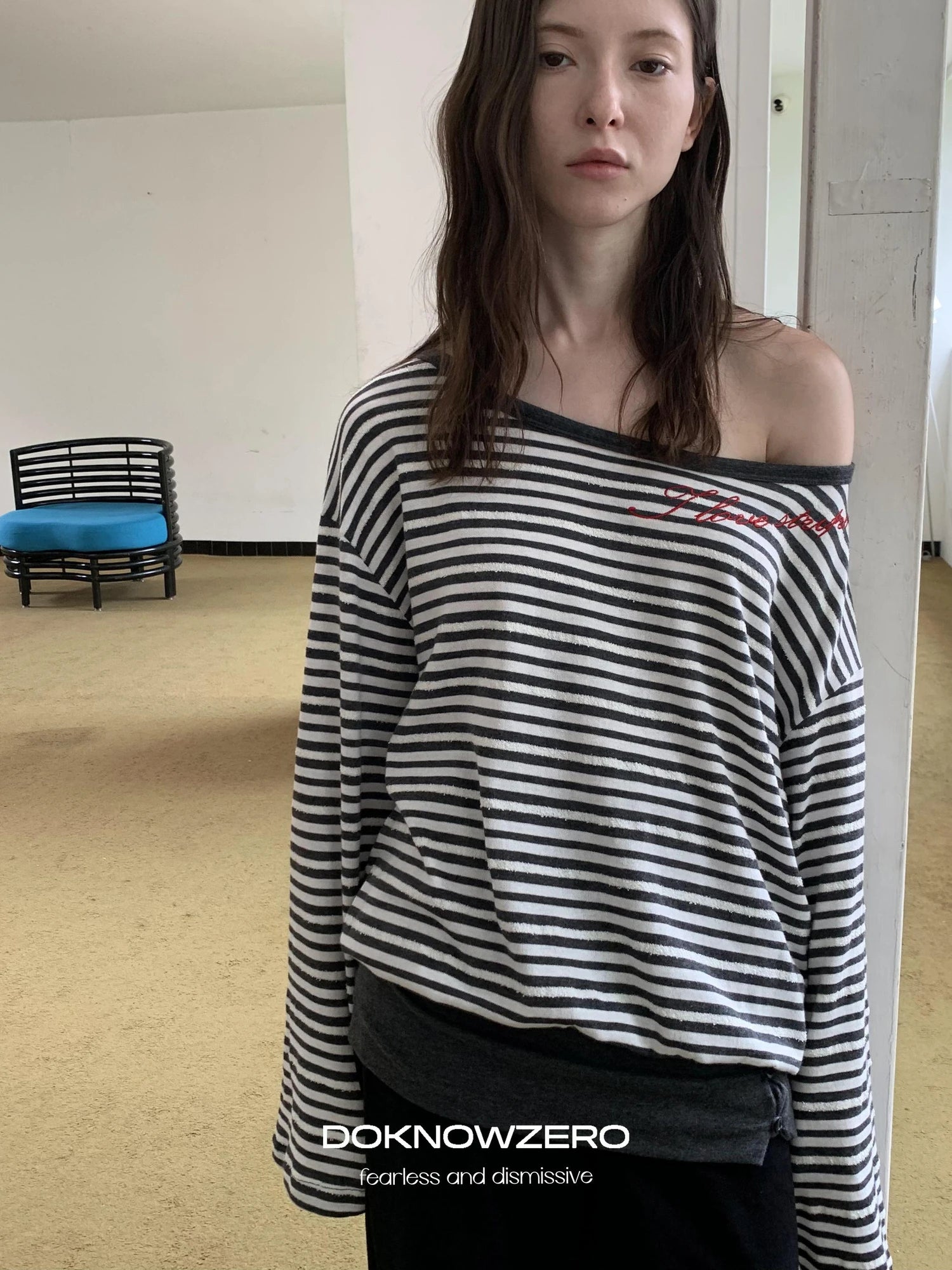 DKZ OFFICIAL Boat Neck Striped Long Sleeve T-Shirt