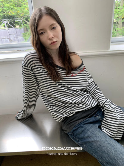 DKZ OFFICIAL Boat Neck Striped Long Sleeve T-Shirt