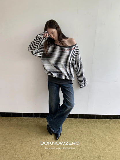 DKZ OFFICIAL Boat Neck Striped Long Sleeve T-Shirt