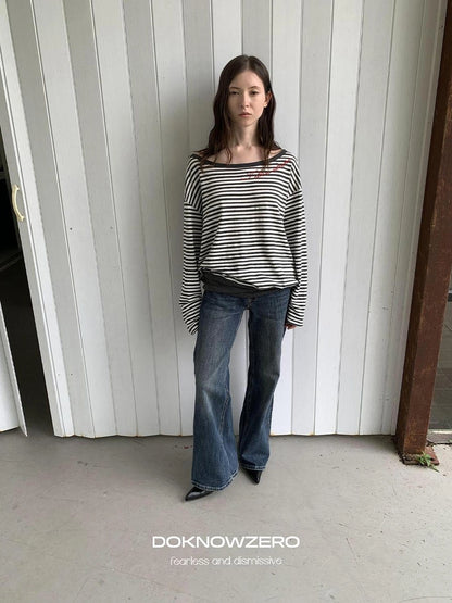 DKZ OFFICIAL Boat Neck Striped Long Sleeve T-Shirt
