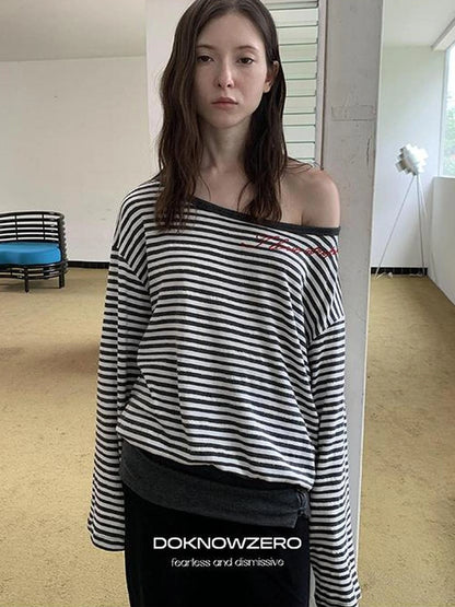 DKZ OFFICIAL Boat Neck Striped Long Sleeve T-Shirt