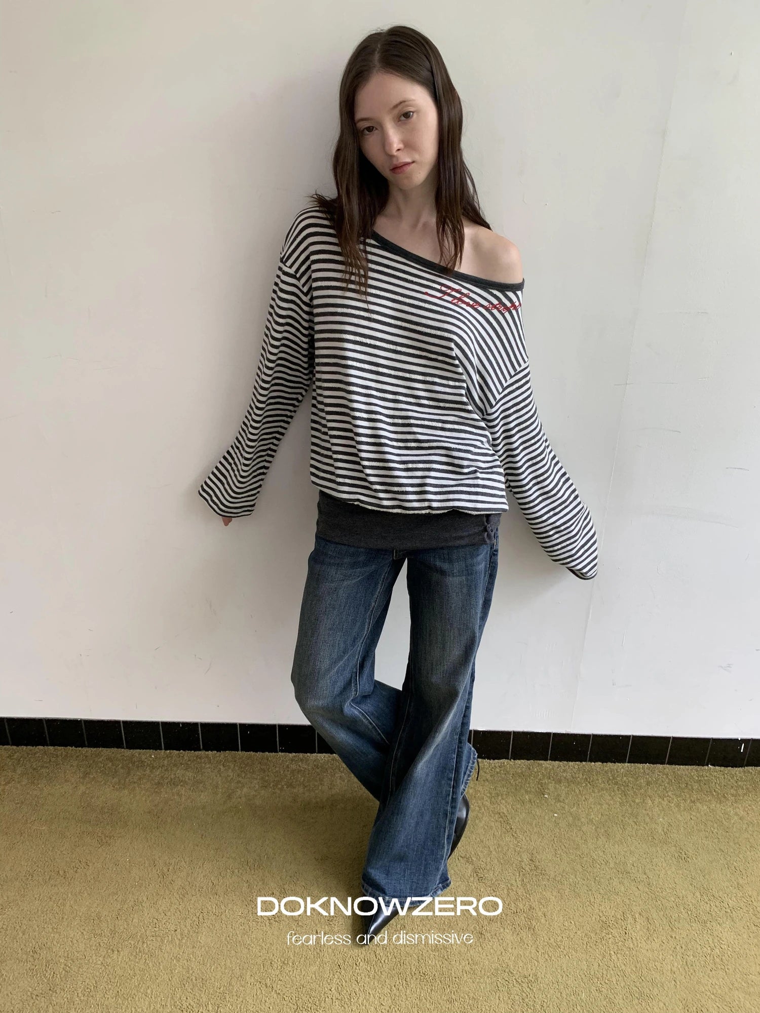 Boat Neck Striped Long Sleeve T-shirt
