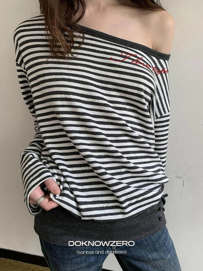 Boat Neck Striped Long Sleeve T-shirt