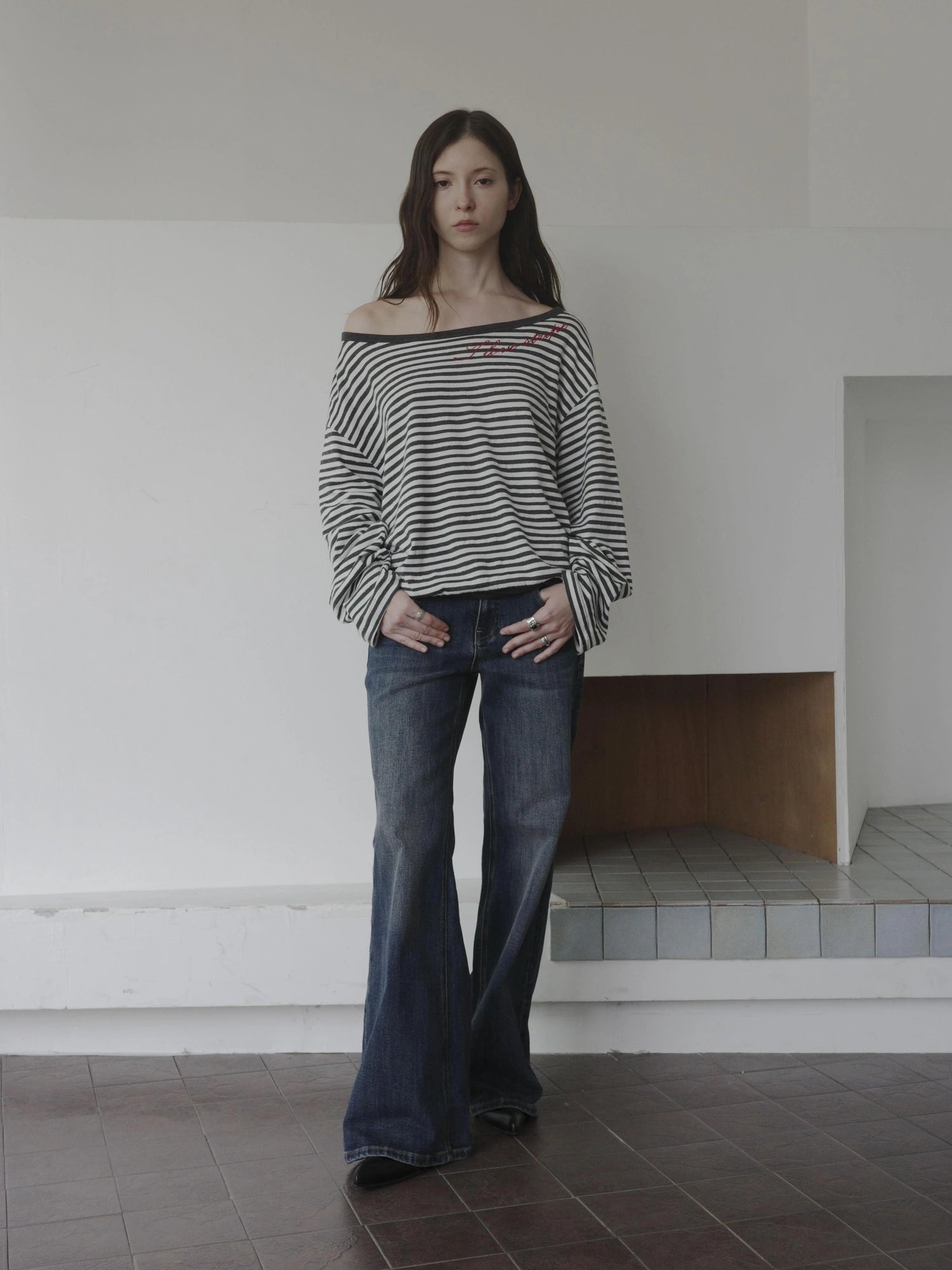 Boat Neck Striped Long Sleeve T-shirt
