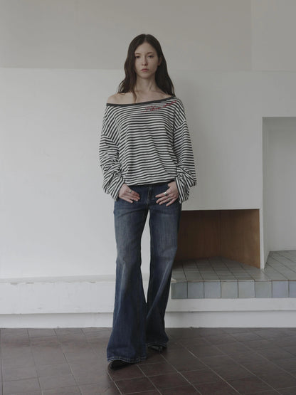 Boat Neck Striped Long Sleeve T-shirt
