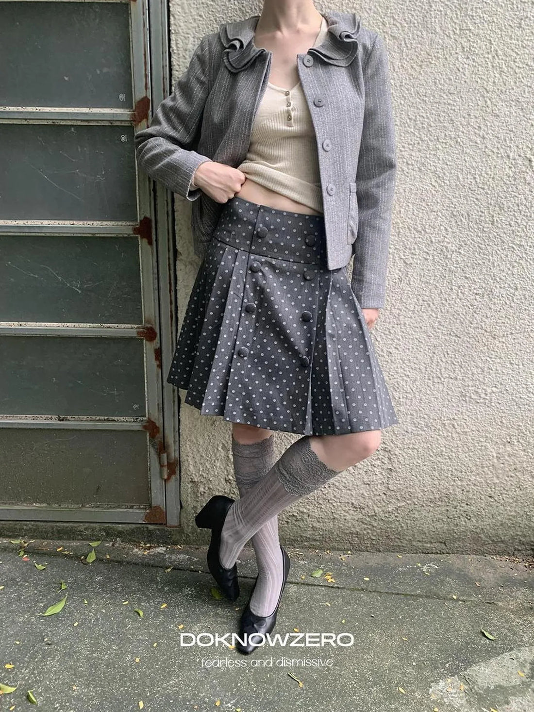 DKZ OFFICIAL British Color Spun Polka Dot Print Pleated Skirt