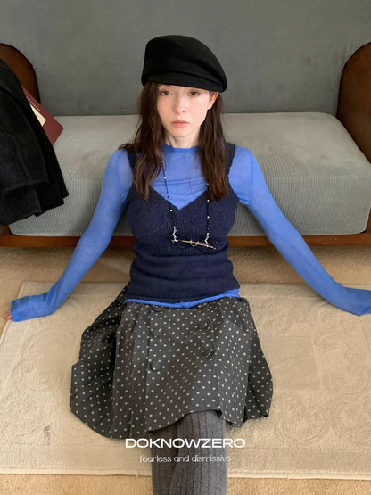 DKZ OFFICIAL British Color Spun Polka Dot Print Pleated Skirt