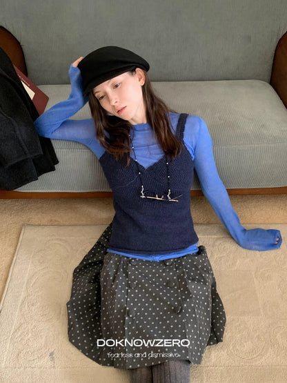 DKZ OFFICIAL British Color Spun Polka Dot Print Pleated Skirt