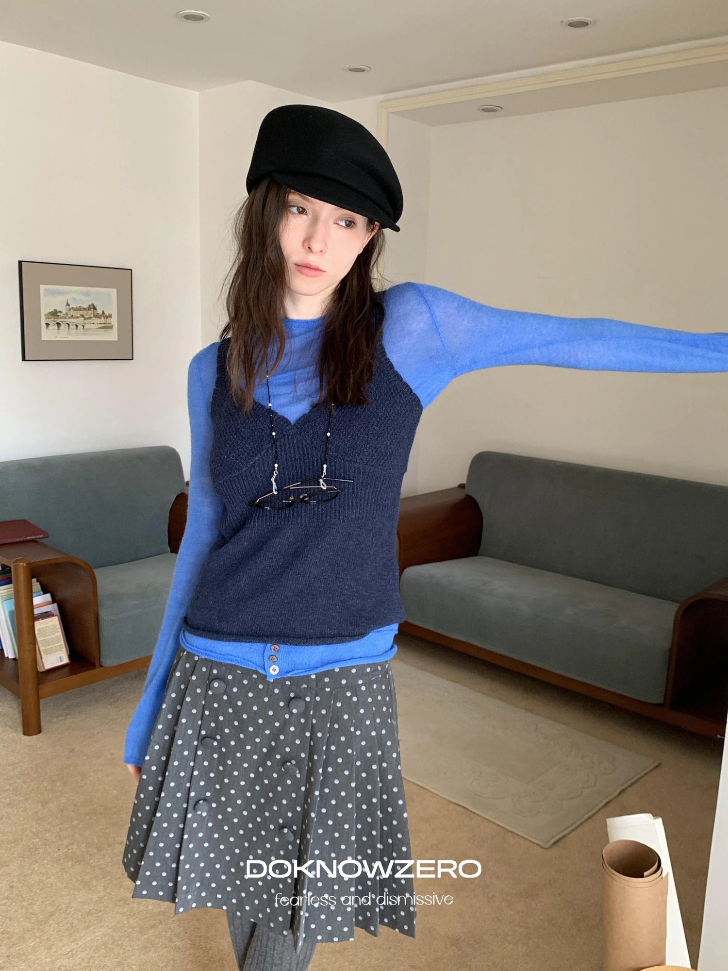 DKZ OFFICIAL British Color Spun Polka Dot Print Pleated Skirt