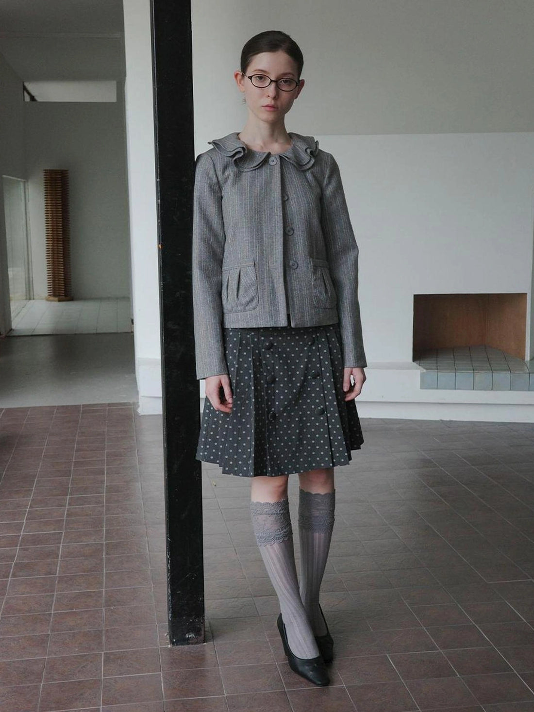 DKZ OFFICIAL British Color Spun Polka Dot Print Pleated Skirt