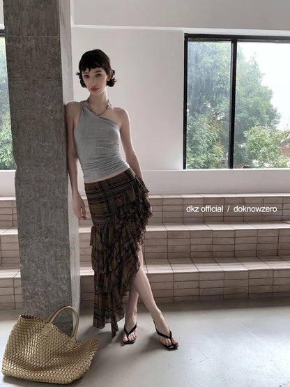 DKZ OFFICIAL Brown Plaid Asymmetric Ruffle Hem Midi Skirt