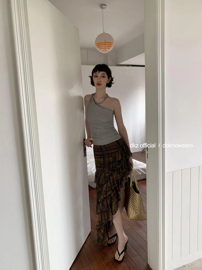 DKZ OFFICIAL Brown Plaid Asymmetric Ruffle Hem Midi Skirt