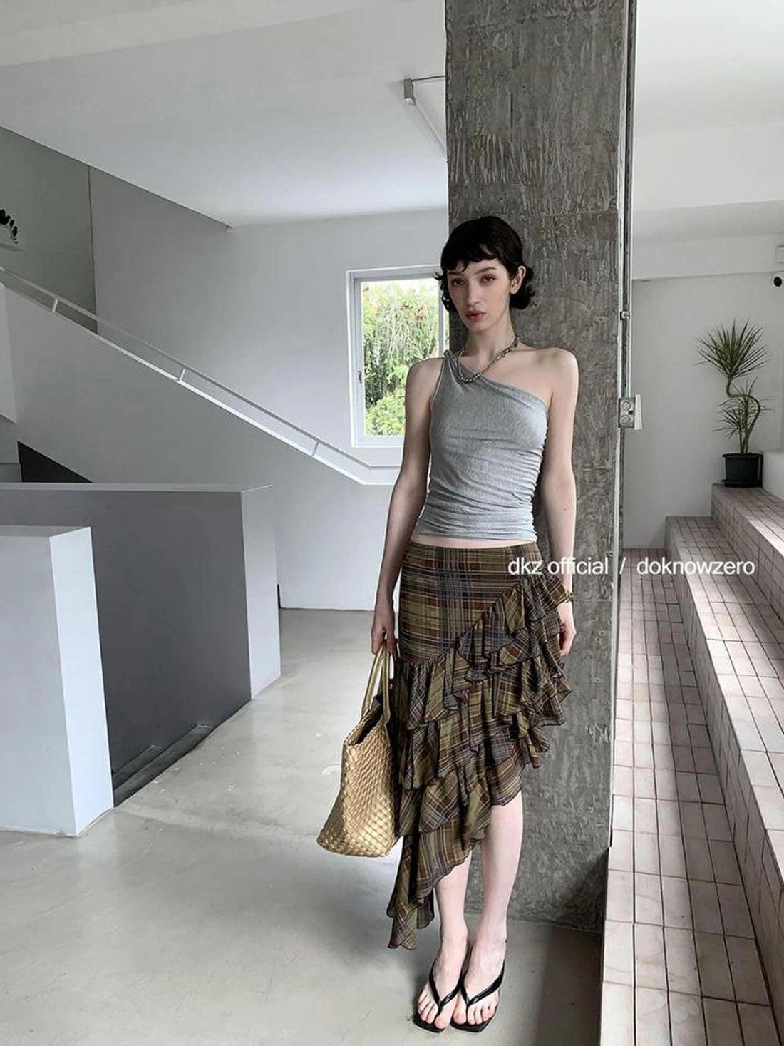 DKZ OFFICIAL Brown Plaid Asymmetric Ruffle Hem Midi Skirt