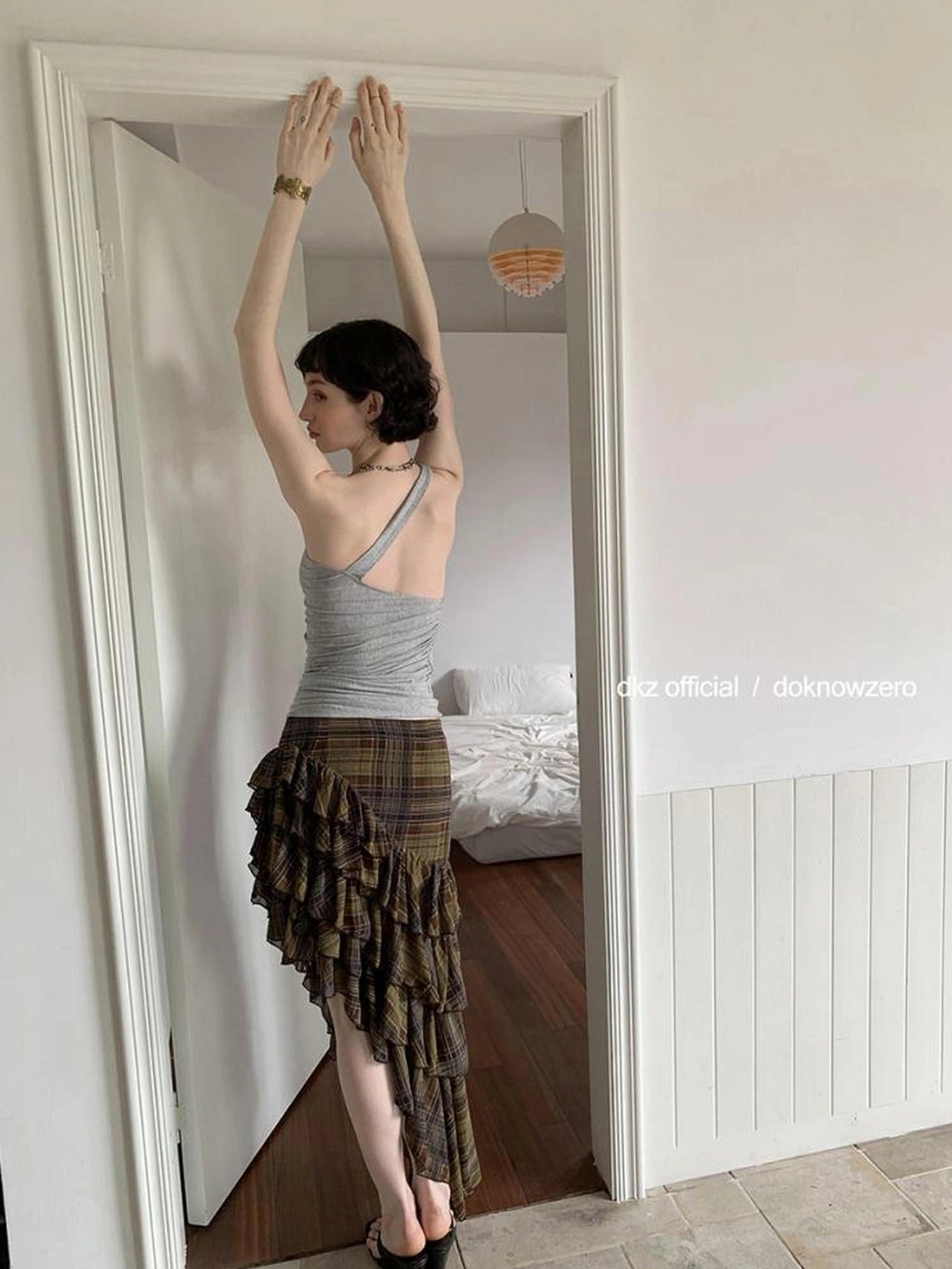 DKZ OFFICIAL Brown Plaid Asymmetric Ruffle Hem Midi Skirt