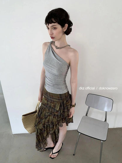 DKZ OFFICIAL Brown Plaid Asymmetric Ruffle Hem Midi Skirt