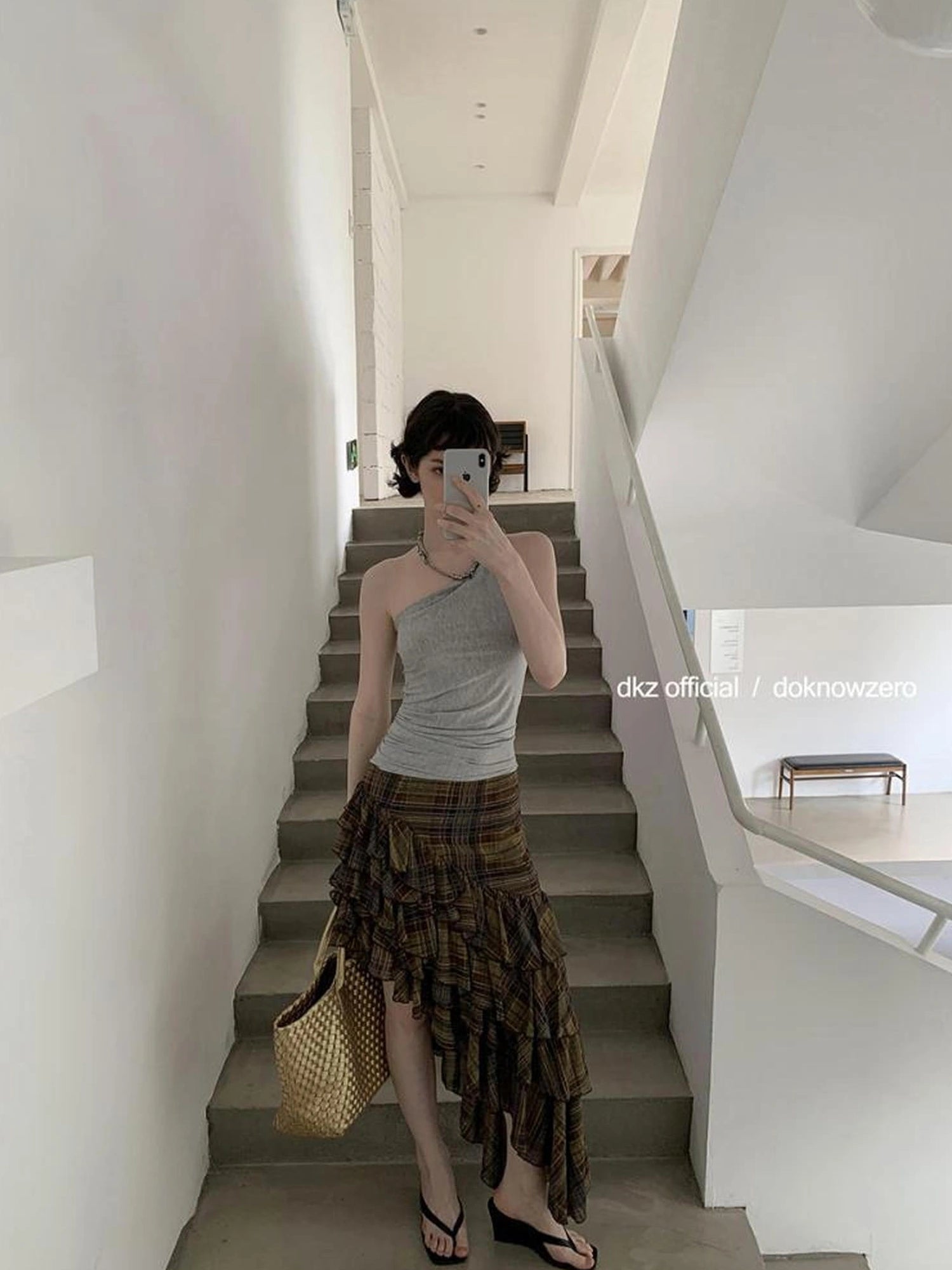 DKZ OFFICIAL Brown Plaid Asymmetric Ruffle Hem Midi Skirt