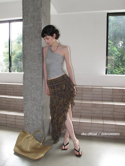 DKZ OFFICIAL Brown Plaid Asymmetric Ruffle Hem Midi Skirt