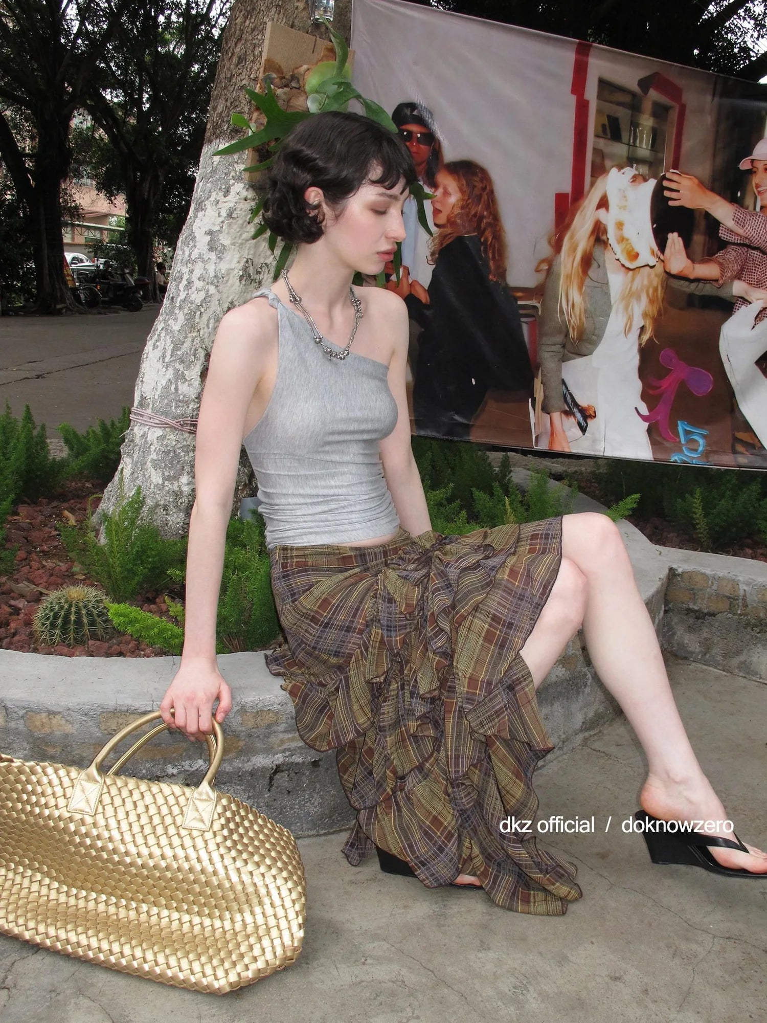 DKZ OFFICIAL Brown Plaid Asymmetric Ruffle Hem Midi Skirt