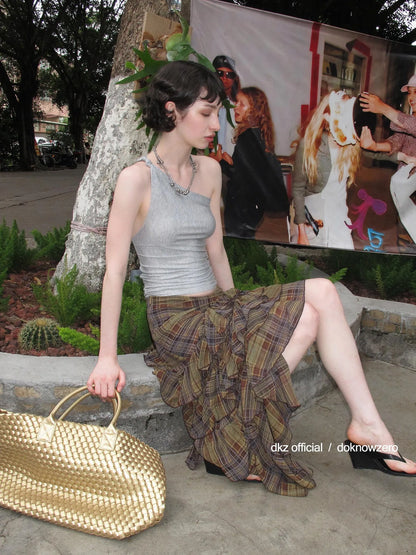 DKZ OFFICIAL Brown Plaid Asymmetric Ruffle Hem Midi Skirt