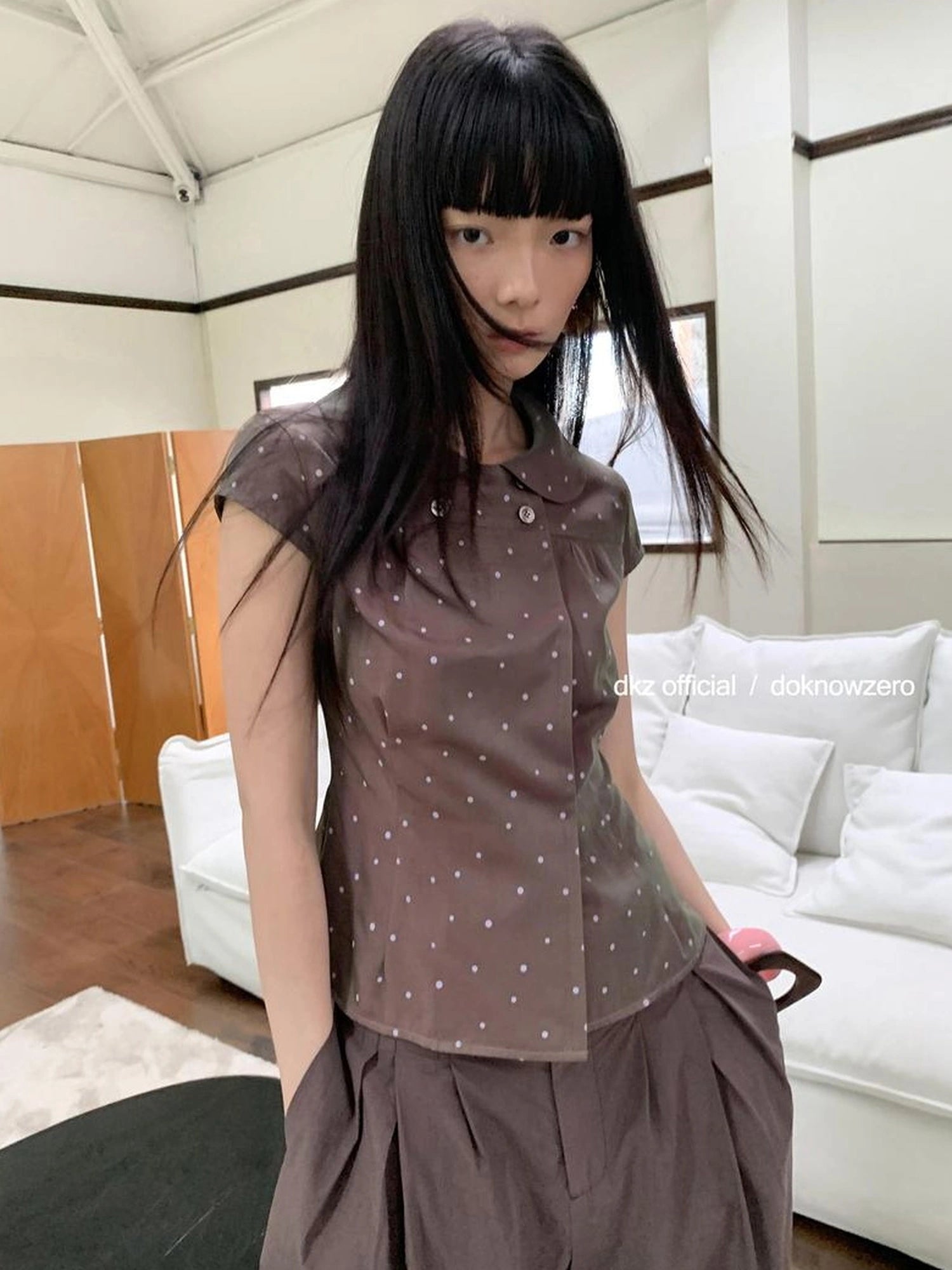 DKZ OFFICIAL Brown Polka Dot Double Breasted Short Sleeve Shirt
