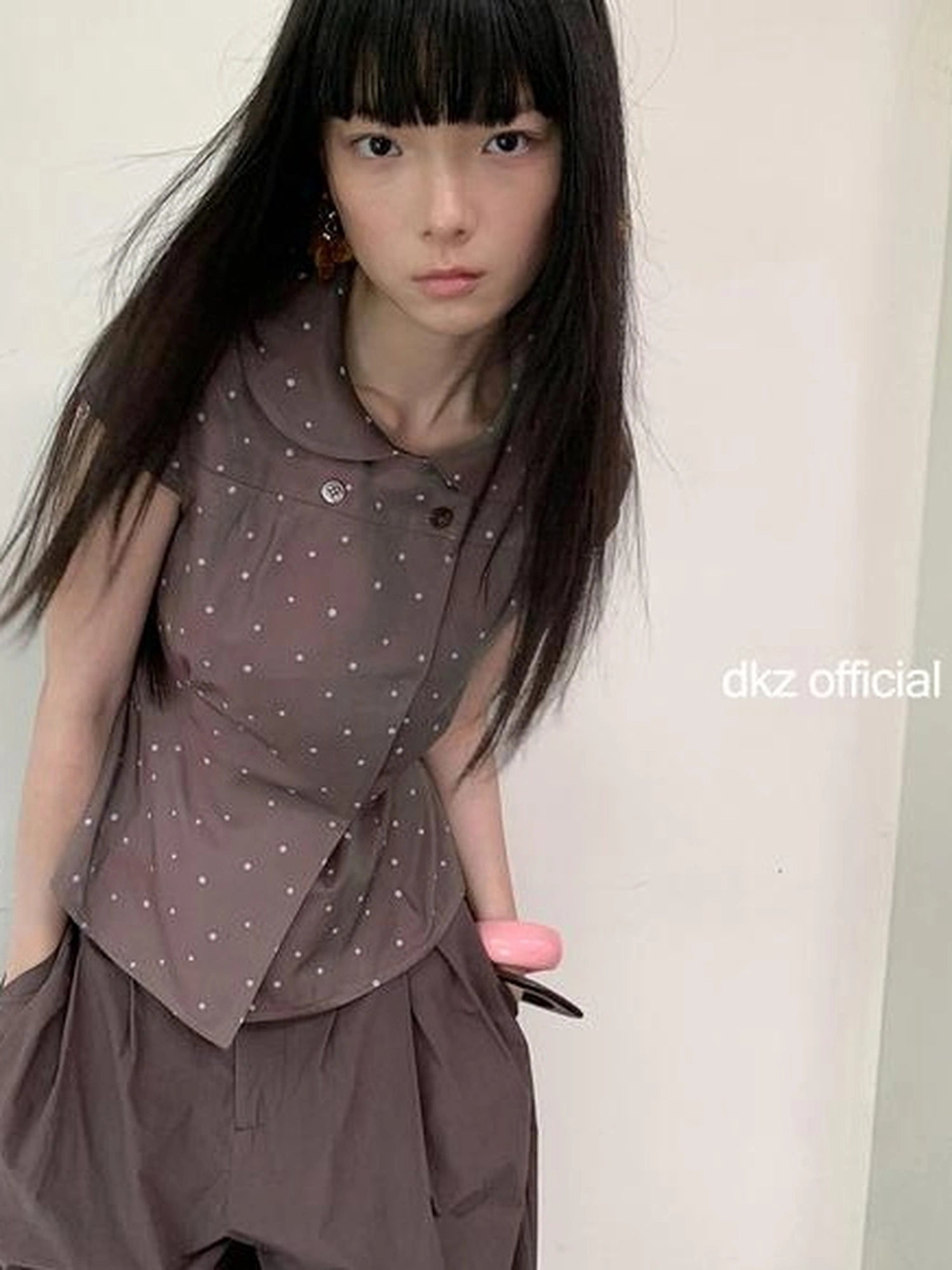 DKZ OFFICIAL Brown Polka Dot Double Breasted Short Sleeve Shirt