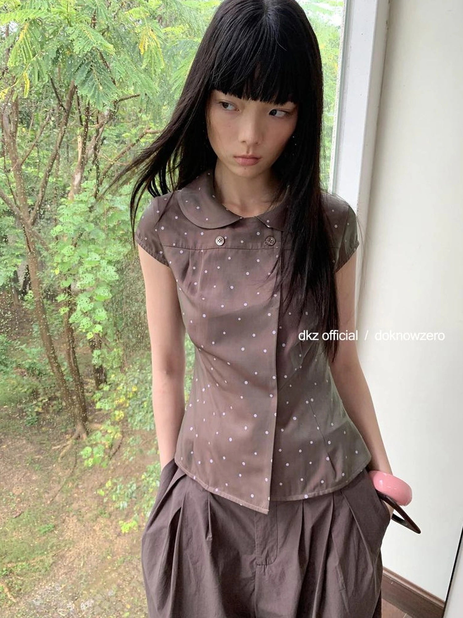 DKZ OFFICIAL Brown Polka Dot Double Breasted Short Sleeve Shirt