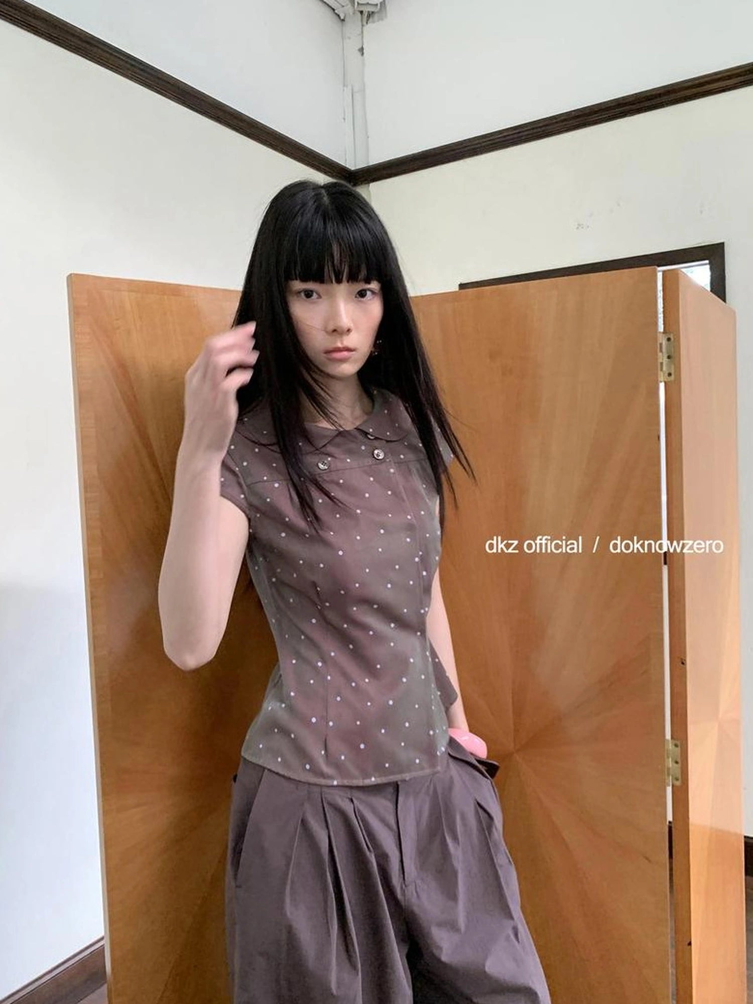 DKZ OFFICIAL Brown Polka Dot Double Breasted Short Sleeve Shirt