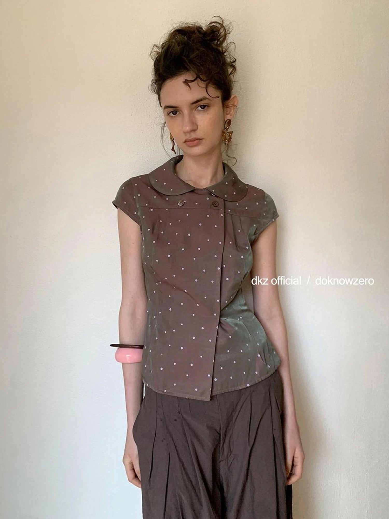 DKZ OFFICIAL Brown Polka Dot Double Breasted Short Sleeve Shirt