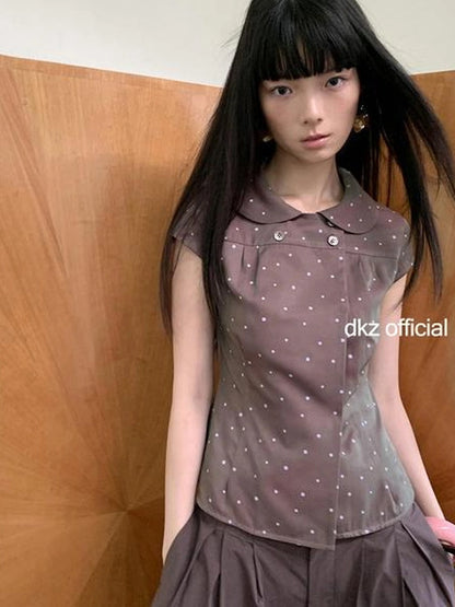 DKZ OFFICIAL Brown Polka Dot Double Breasted Short Sleeve Shirt