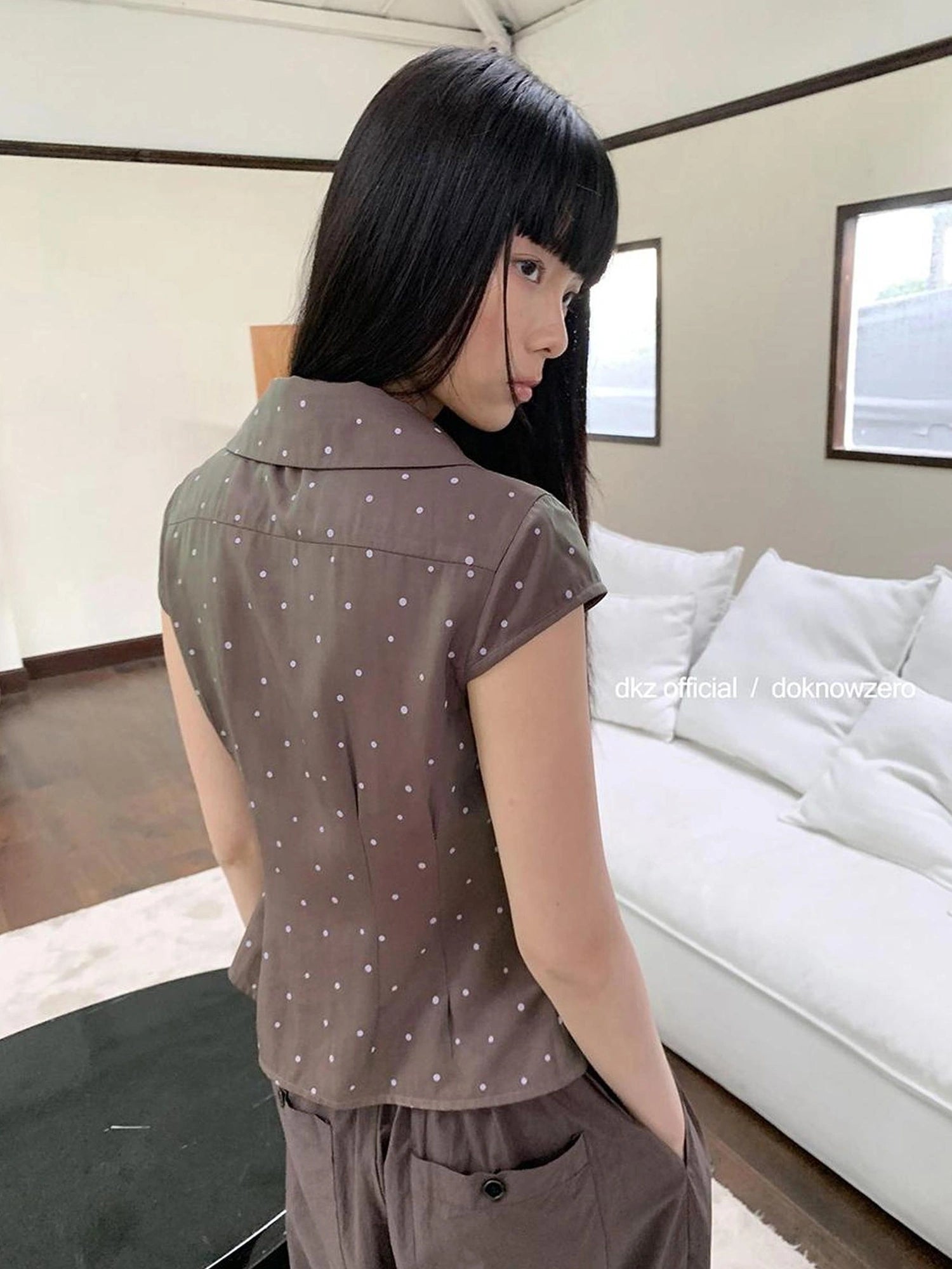 DKZ OFFICIAL Brown Polka Dot Double Breasted Short Sleeve Shirt