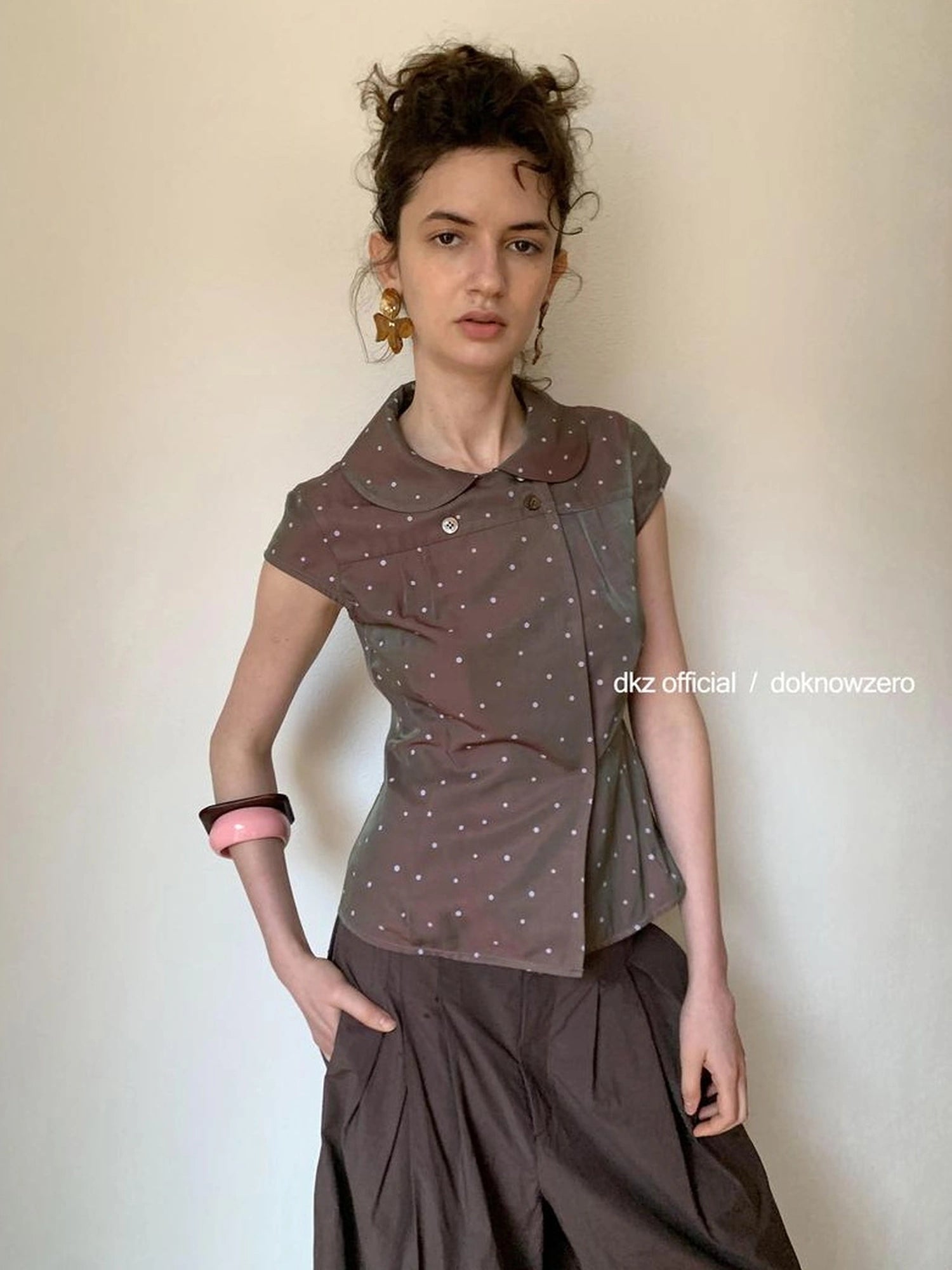 DKZ OFFICIAL Brown Polka Dot Double Breasted Short Sleeve Shirt