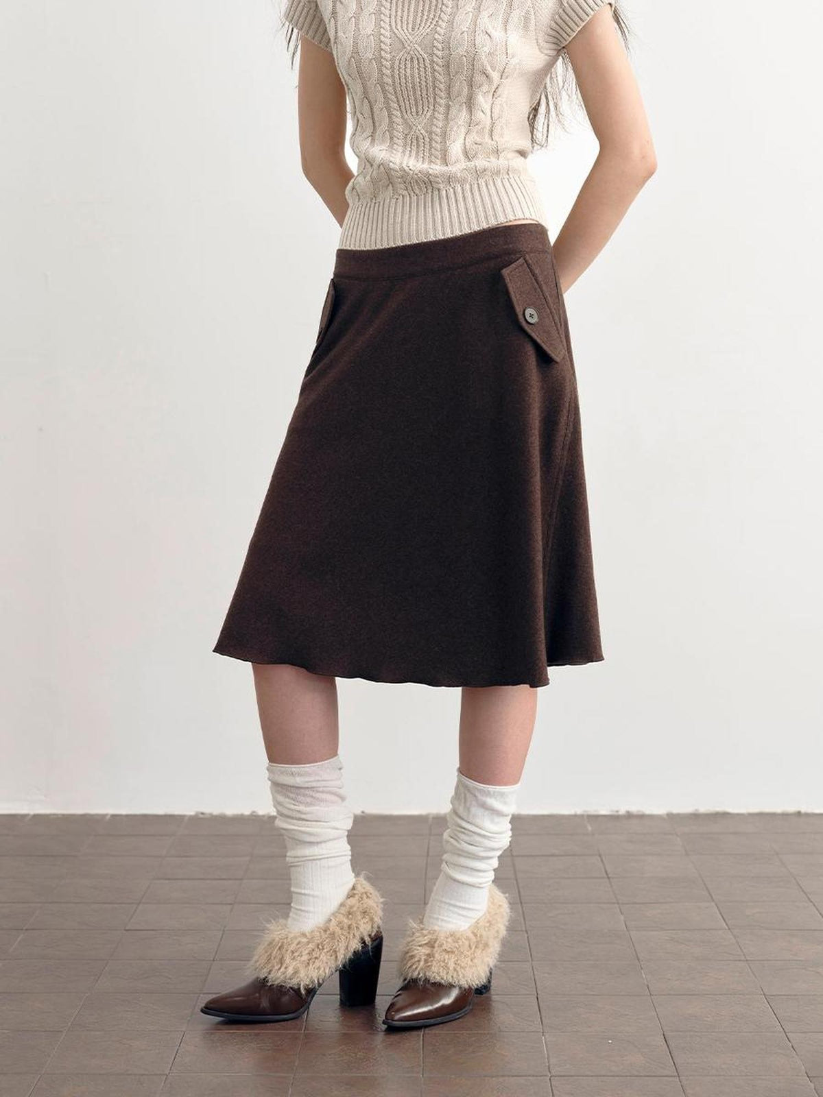 DKZ OFFICIAL Brown Wool Blend A Line Ruffle Pocket Women&