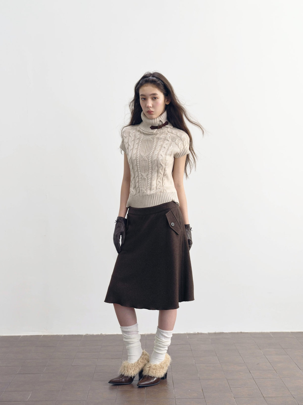 DKZ OFFICIAL Brown Wool Blend A Line Ruffle Pocket Women&
