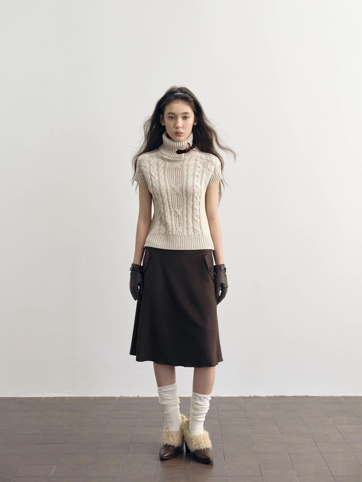 DKZ OFFICIAL Brown Wool Blend A Line Ruffle Pocket Women&