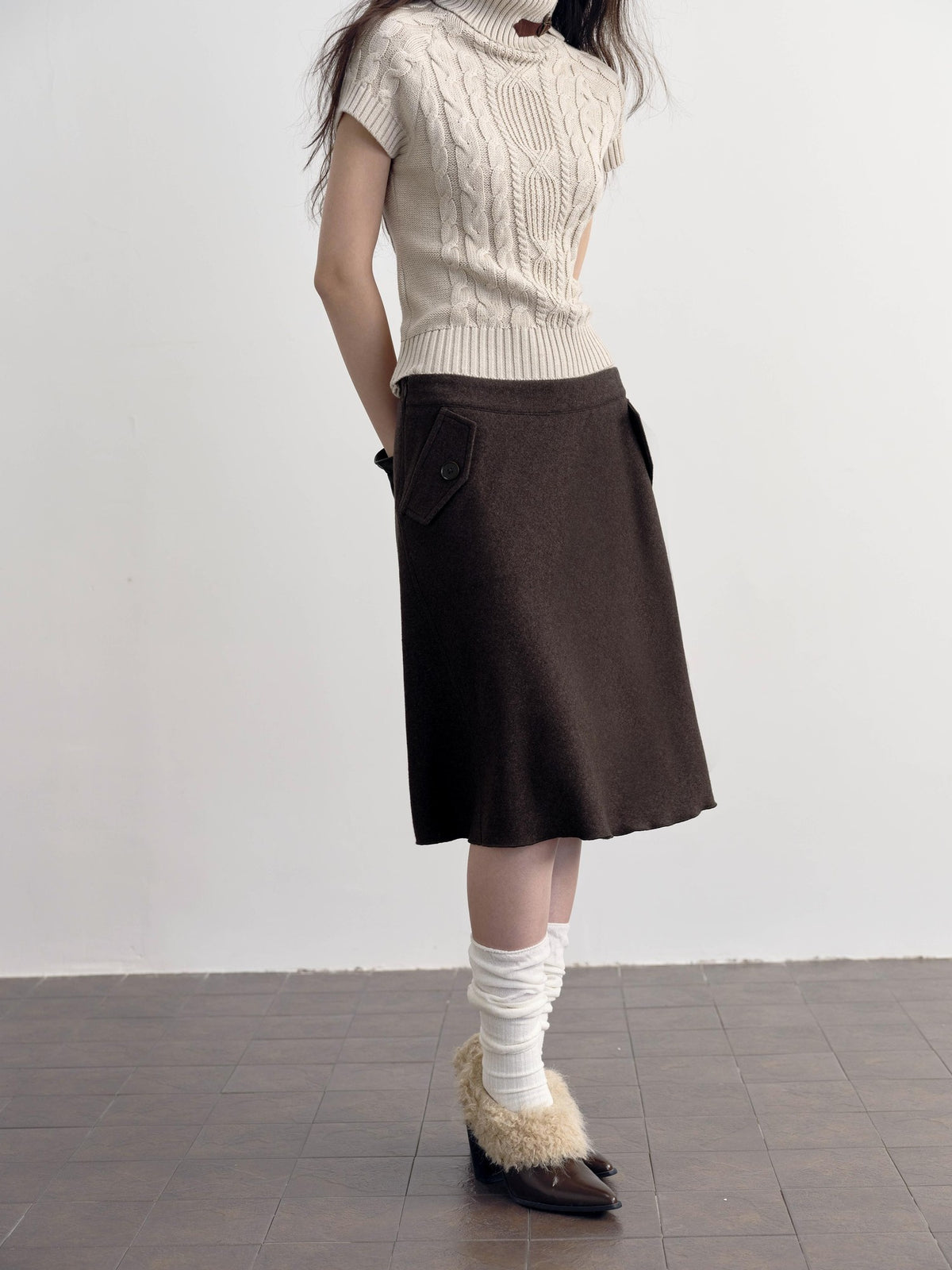DKZ OFFICIAL Brown Wool Blend A Line Ruffle Pocket Women&