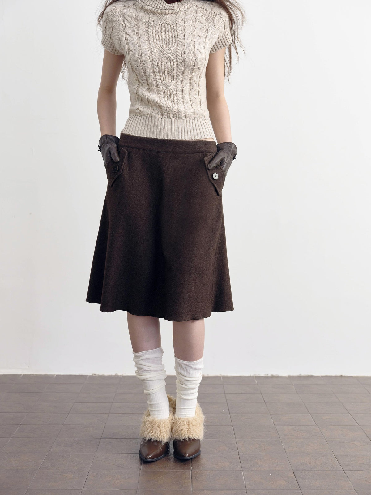 DKZ OFFICIAL Brown Wool Blend A Line Ruffle Pocket Women&