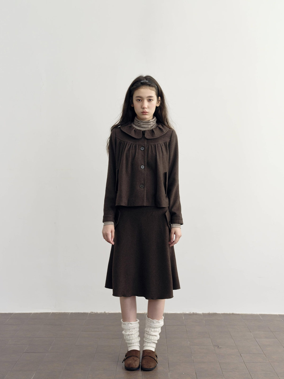 DKZ OFFICIAL Brown Wool Blend A Line Ruffle Pocket Women&