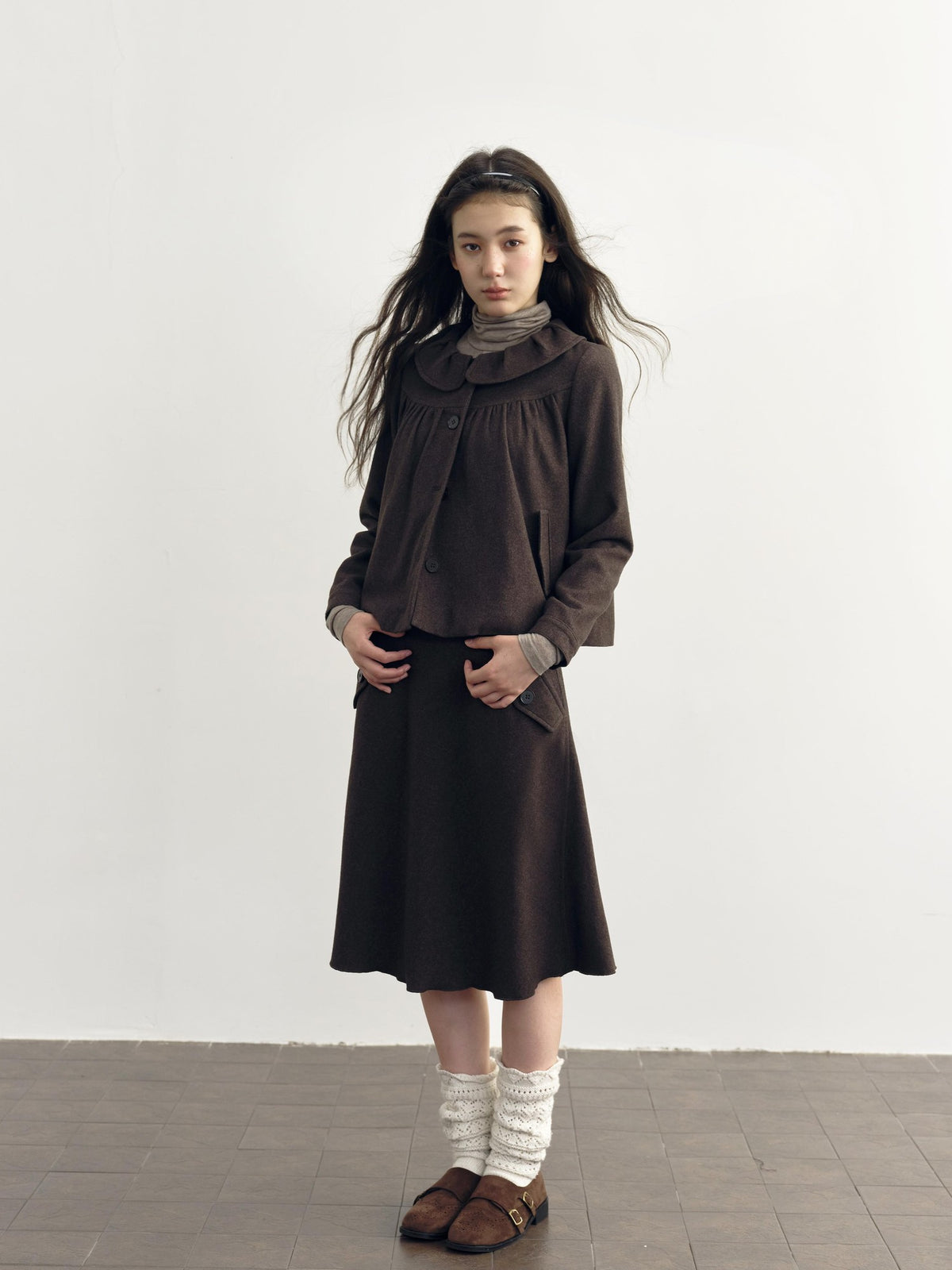 DKZ OFFICIAL Brown Wool Blend A Line Ruffle Pocket Women&