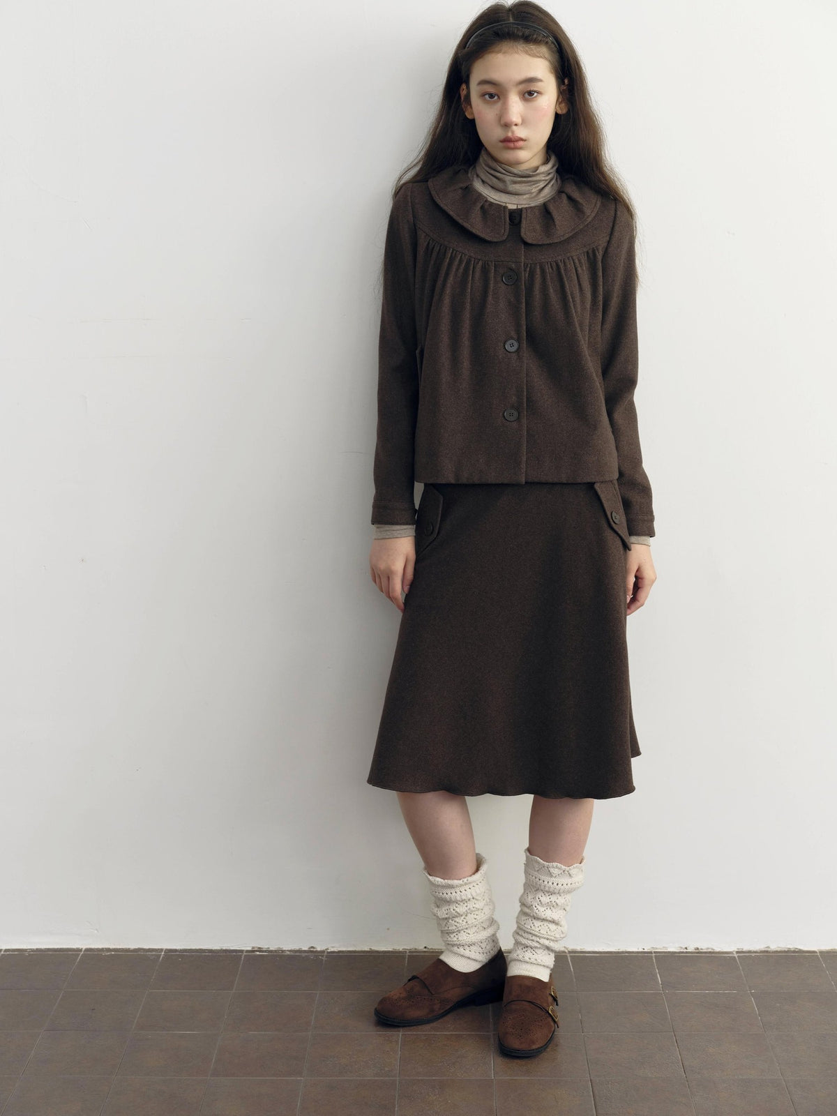 DKZ OFFICIAL Brown Wool Blend A Line Ruffle Pocket Women&