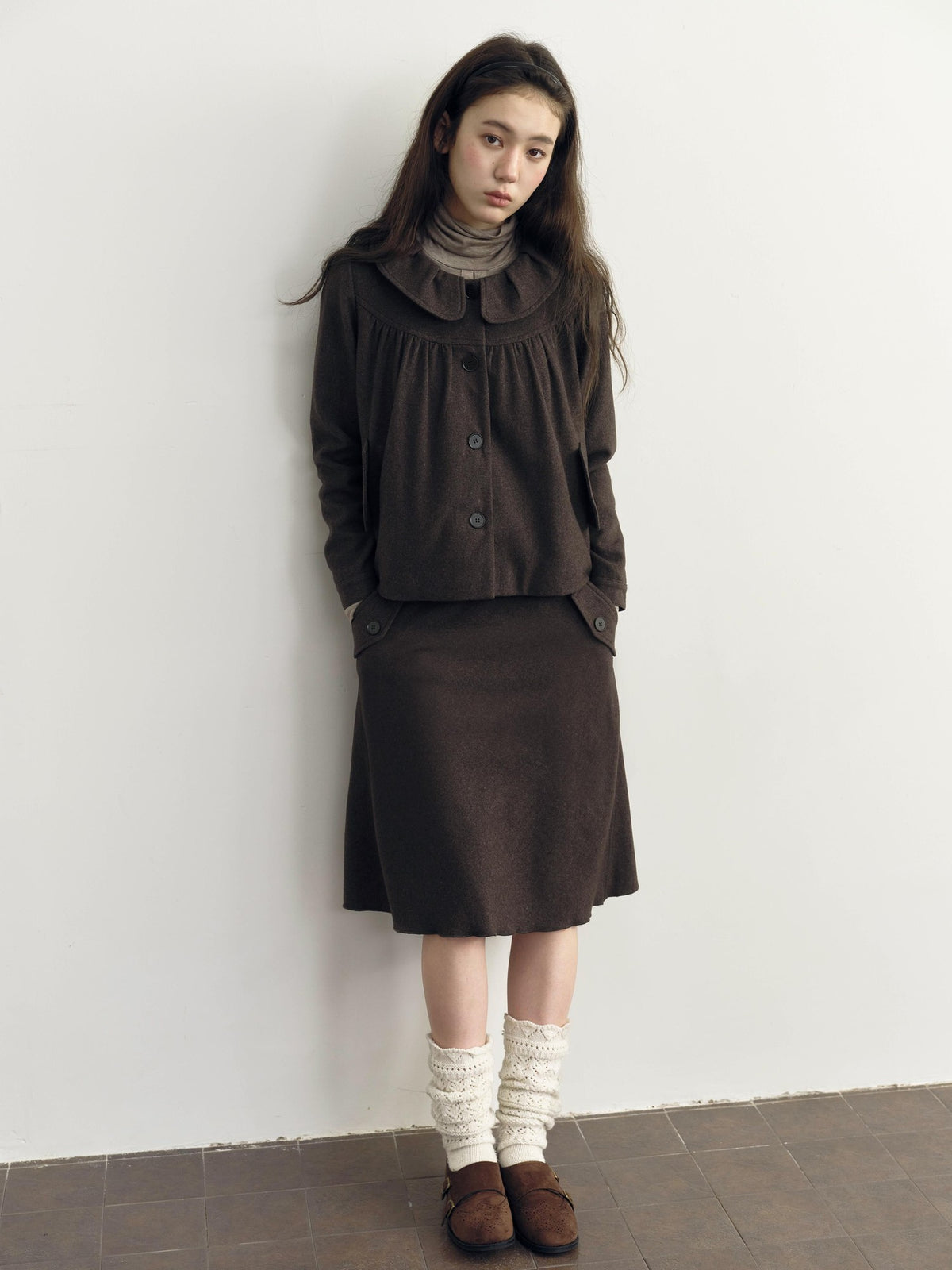 DKZ OFFICIAL Brown Wool Blend A Line Ruffle Pocket Women&