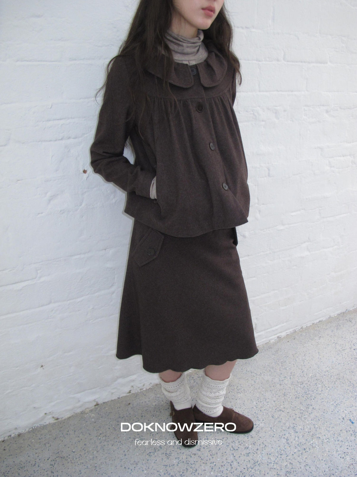 DKZ OFFICIAL Brown Wool Blend A Line Ruffle Pocket Women&