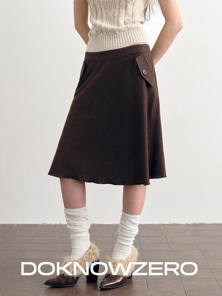 DKZ OFFICIAL Brown Wool Blend A Line Ruffle Pocket Women&