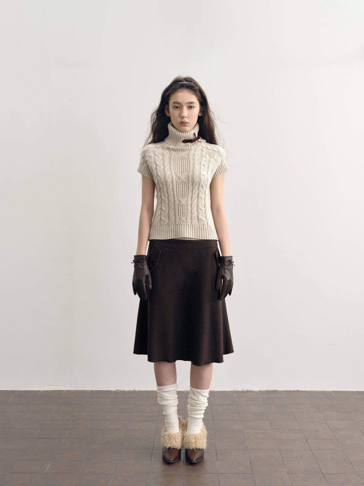 DKZ OFFICIAL Brown Wool Blend A Line Ruffle Pocket Women&